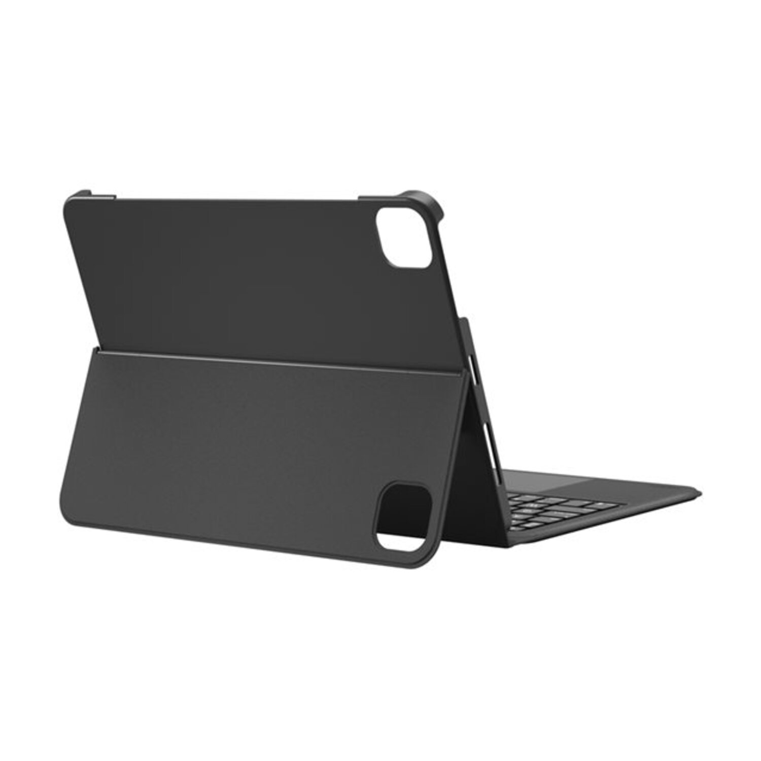 Back view of a black tablet keyboard case, in an open, angled position, on a white background.