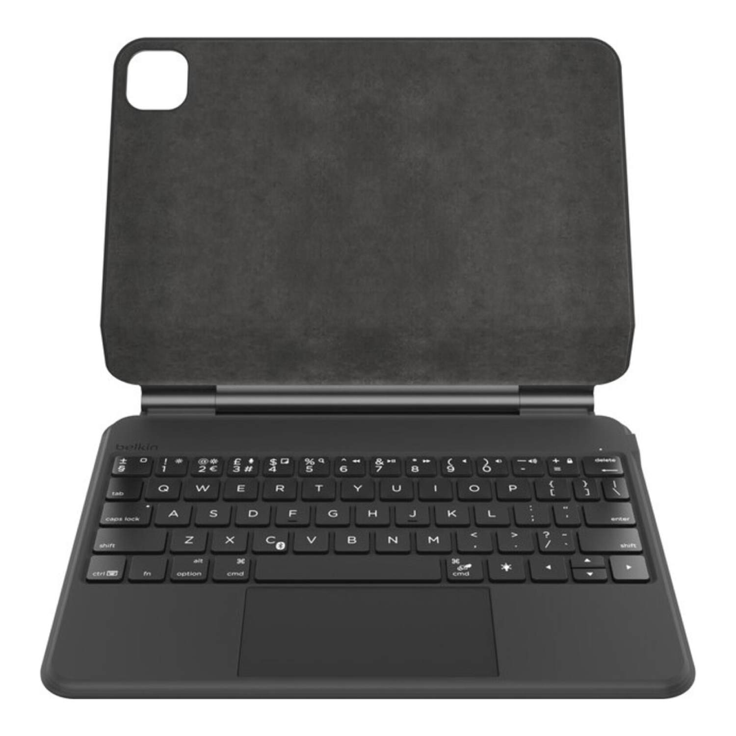 Black tablet keyboard case, opened flat, showing a keyboard and a trackpad on white background.