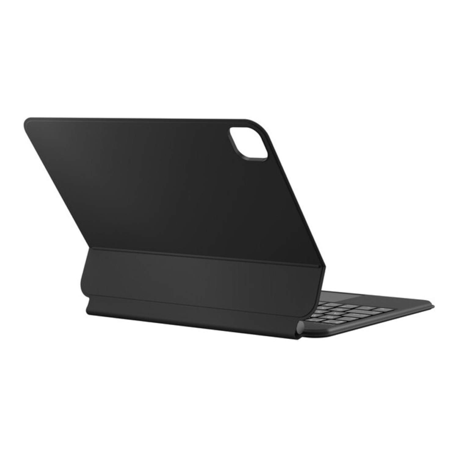 Black tablet keyboard case, propped at an angle, showing the inside, white background.