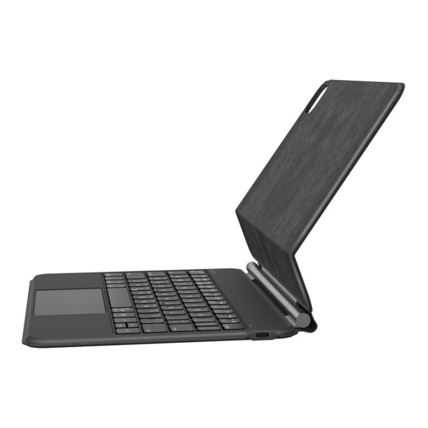 Black tablet keyboard case, propped up, side view, keyboard and trackpad, white background.