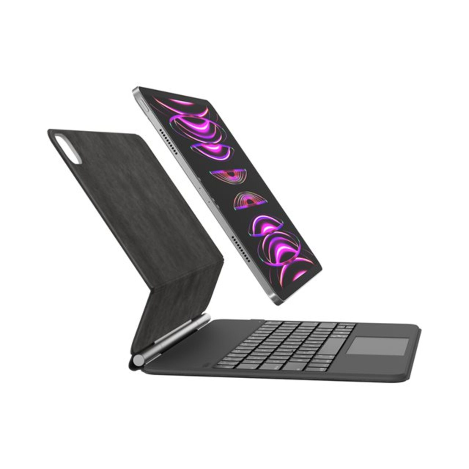 Tablet with keyboard, screen showing purple and pink design, is floating above the keyboard.