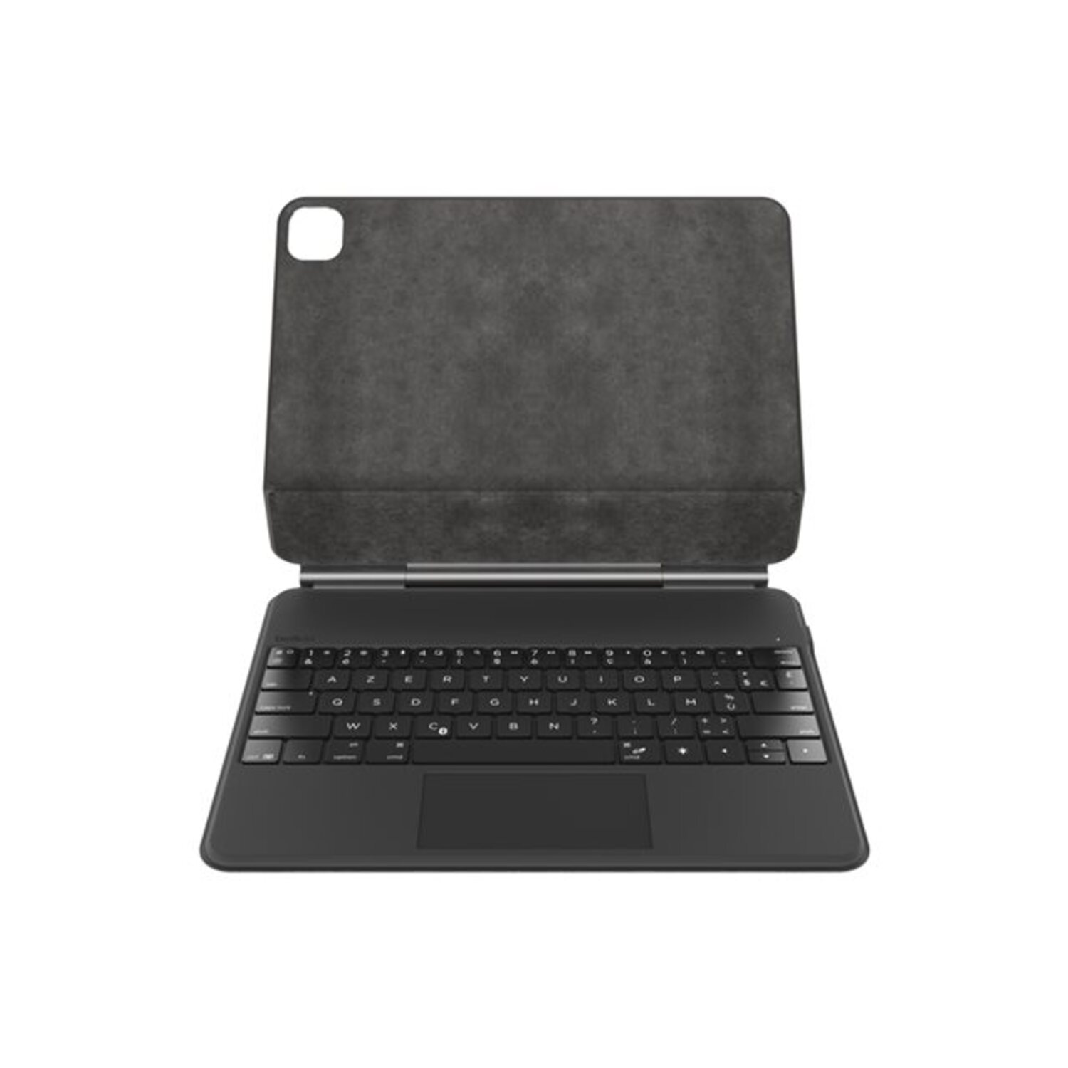 Black tablet keyboard with cover. The keyboard has keys and a trackpad.