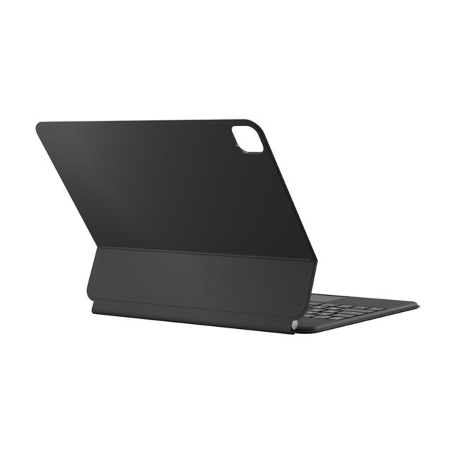 Black tablet keyboard with cover, rear view. Cover is up.