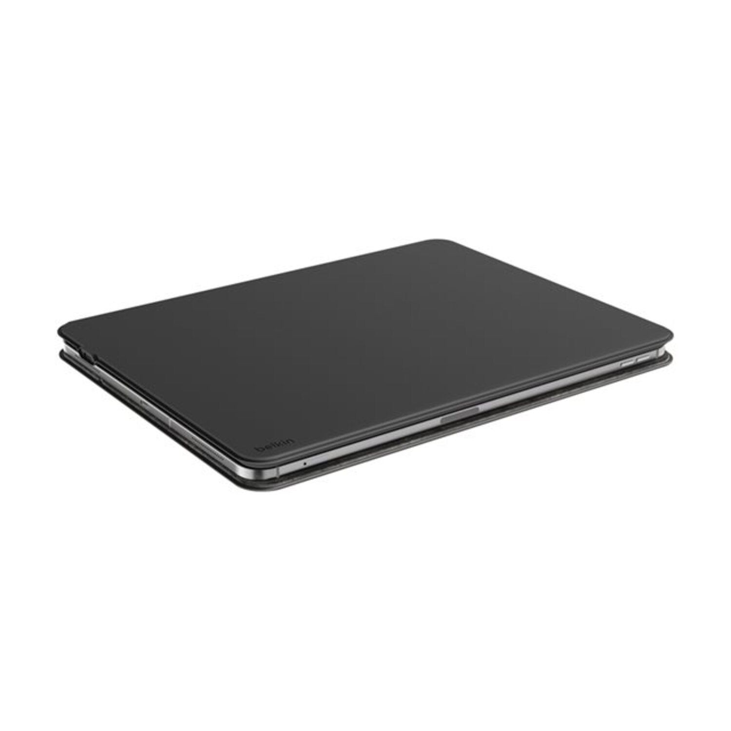 Black tablet closed with a cover, showing the belkin brand name.
