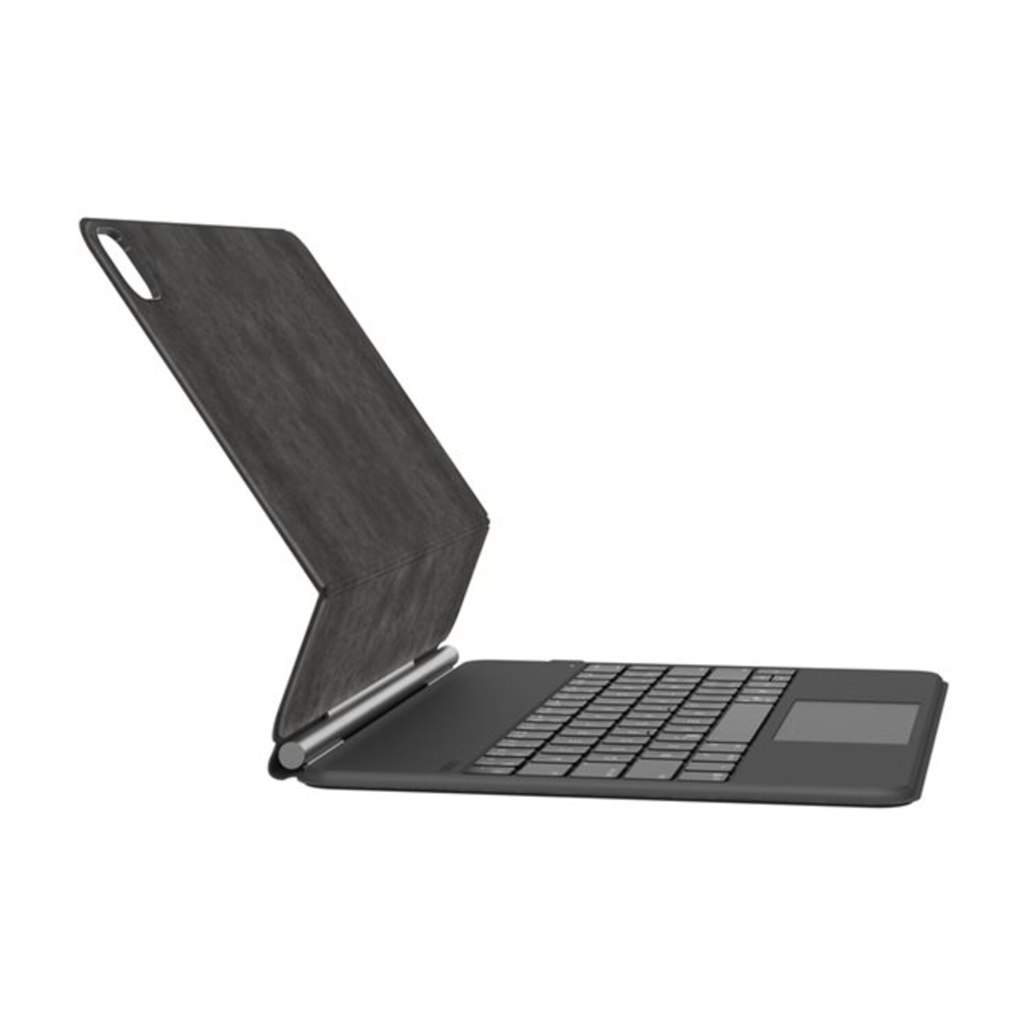 Black tablet keyboard with a cover. The cover is up.
