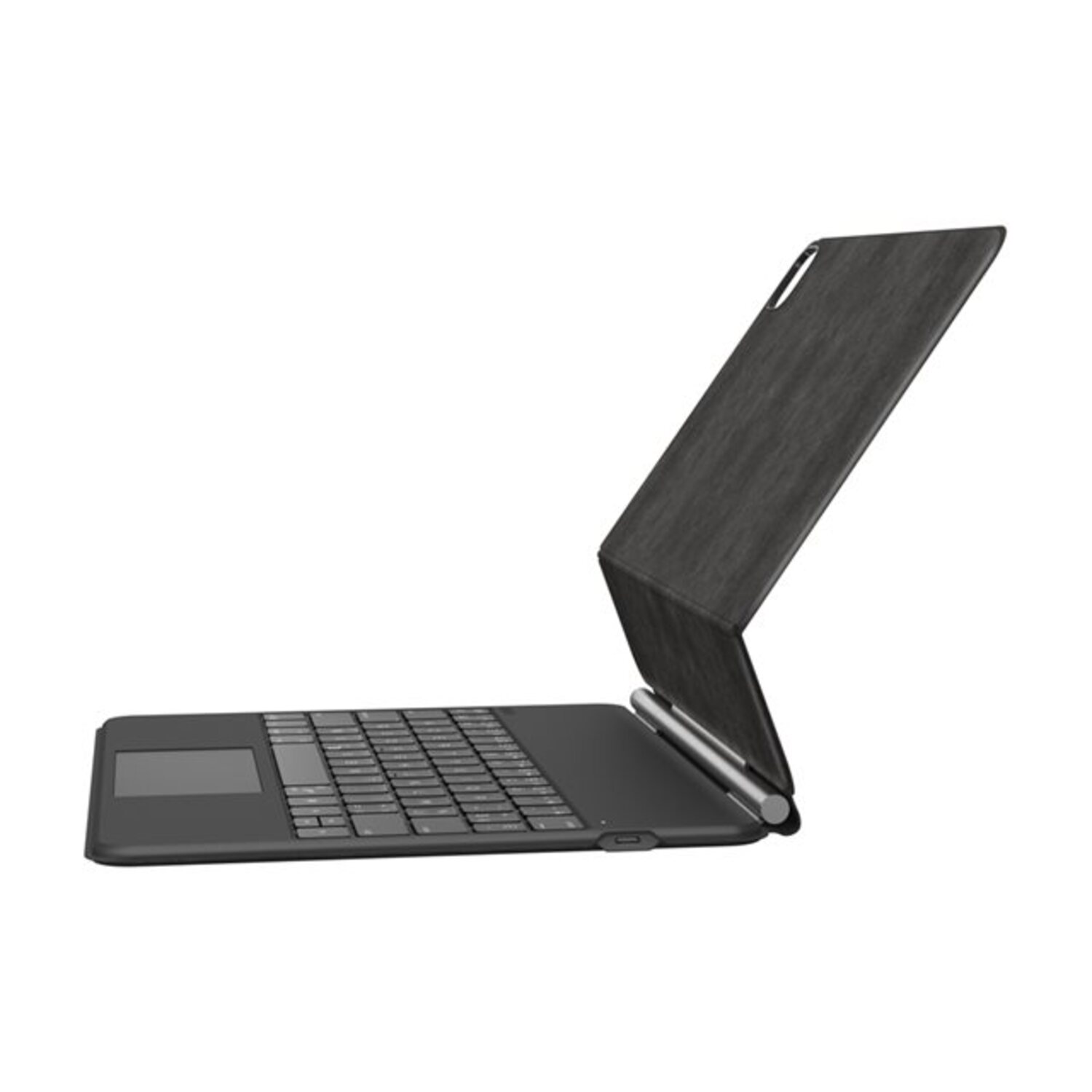 Black tablet keyboard with cover open and angled.