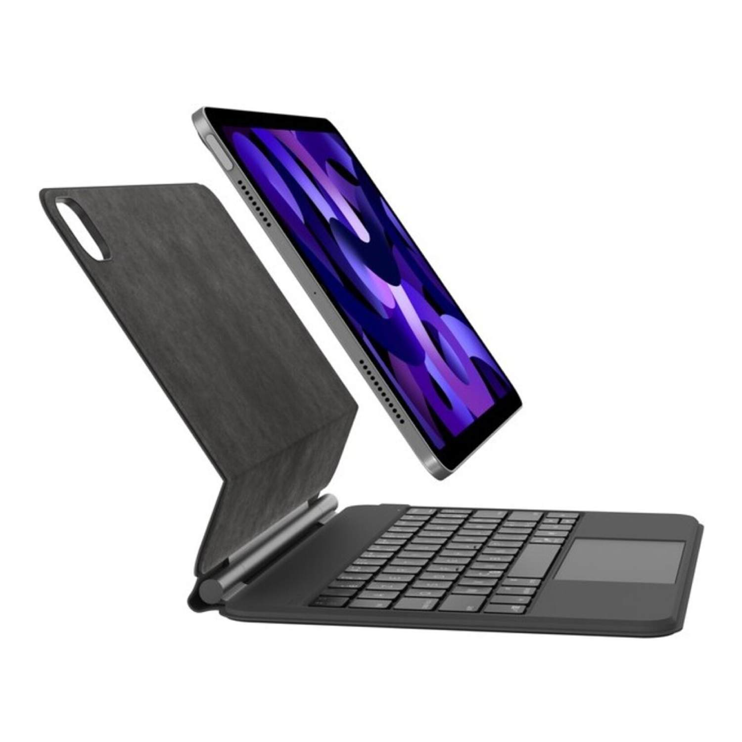 Tablet with keyboard, screen showing purple and blue design, is floating above the keyboard.