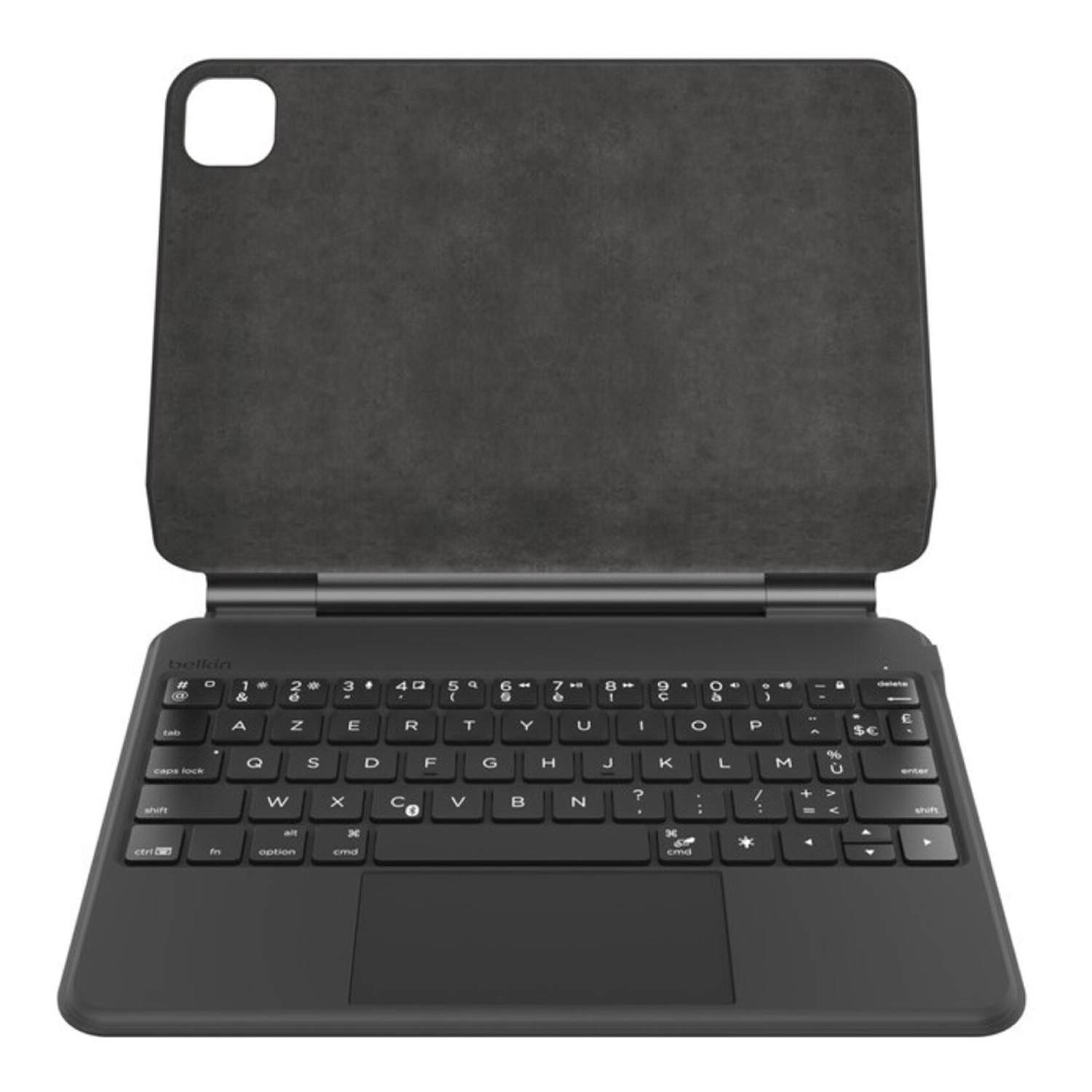 Black tablet keyboard with cover. The keyboard has keys and a trackpad.