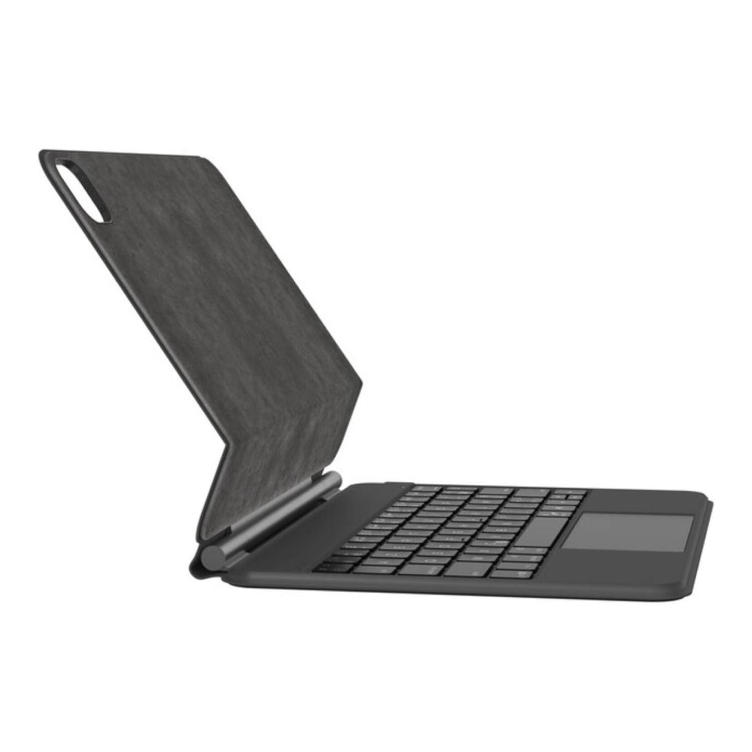 Black tablet keyboard with cover, open and angled.