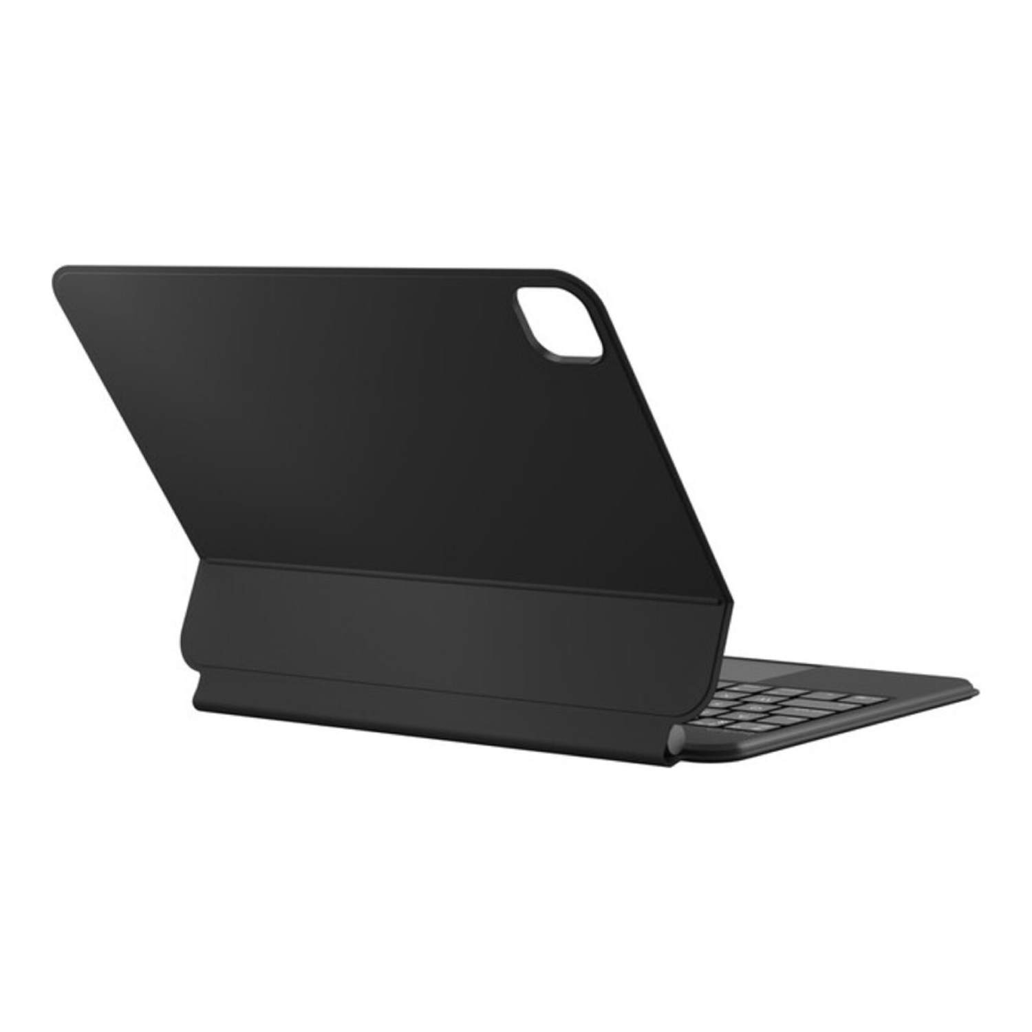 Black tablet keyboard with cover, rear view. Cover is up.
