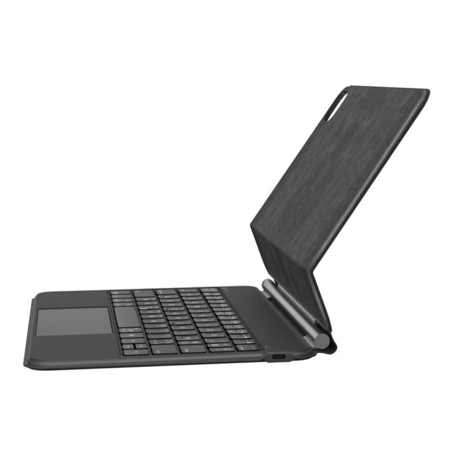 Black tablet keyboard with a cover. The cover is up.