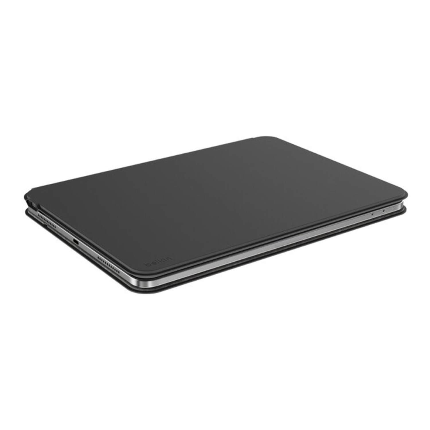 Black tablet closed with a cover, showing the belkin brand name.
