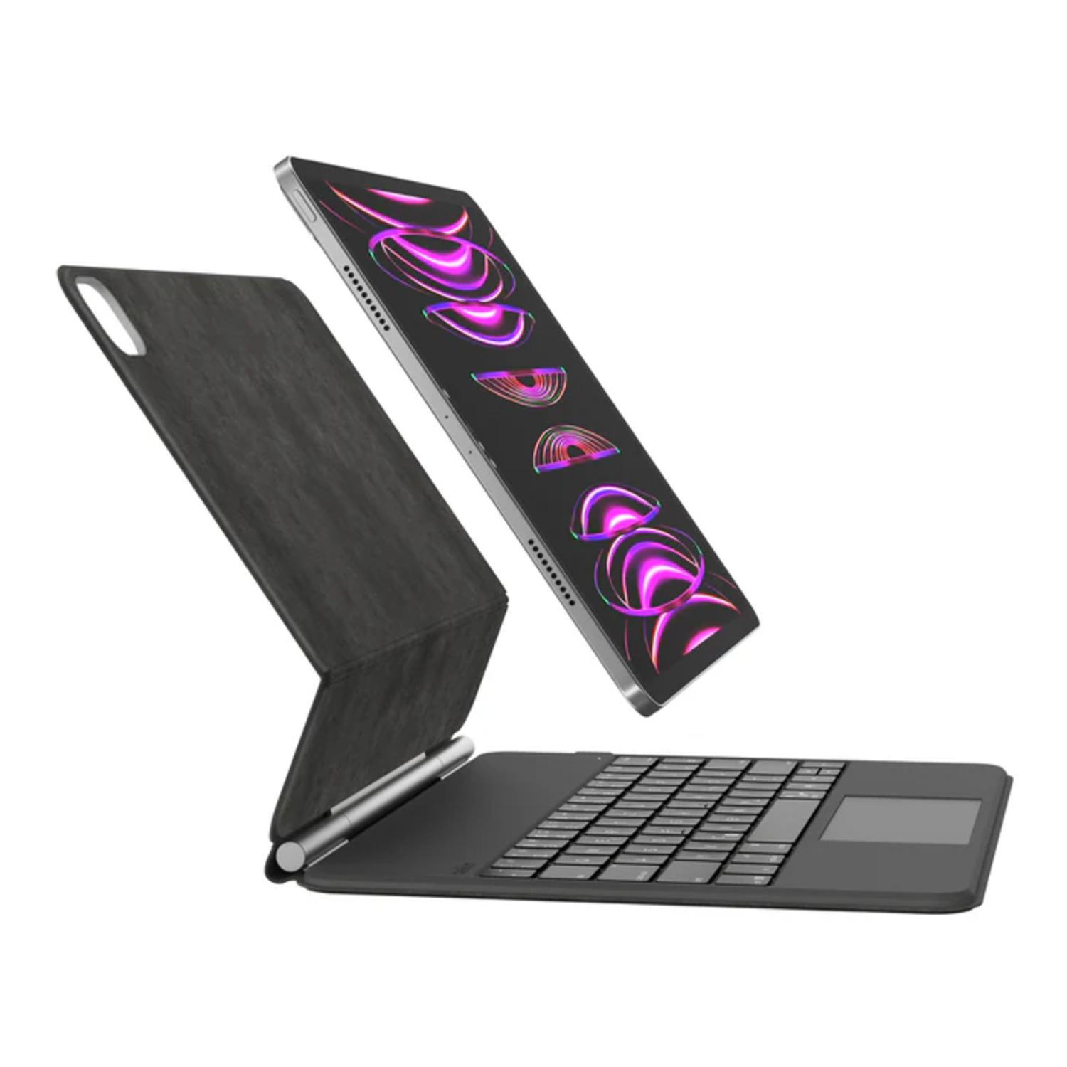 Tablet and keyboard on white background. Tablet screen has a colorful display.