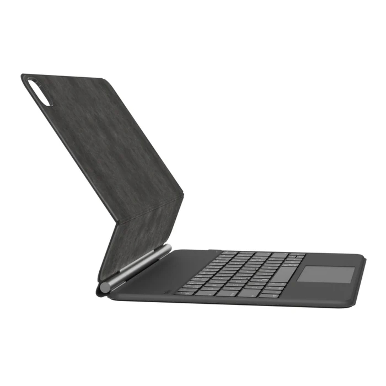 Tablet with keyboard attached is set up in a tilted position on a white background.