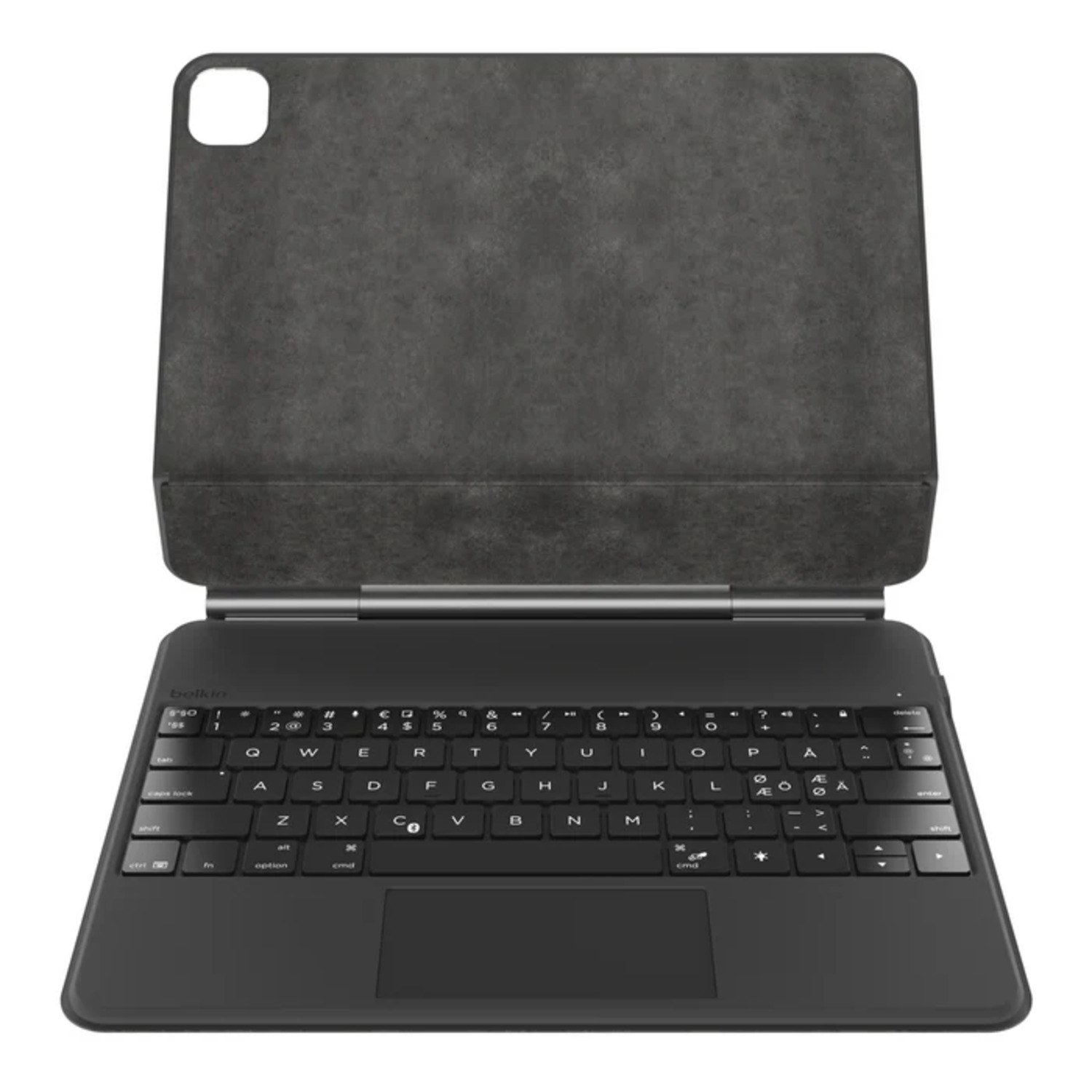 A black keyboard with a tablet case attached, on a white background.