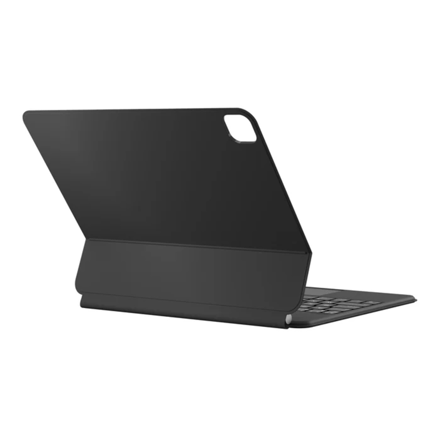 A black tablet case with an attached keyboard, set on white background.