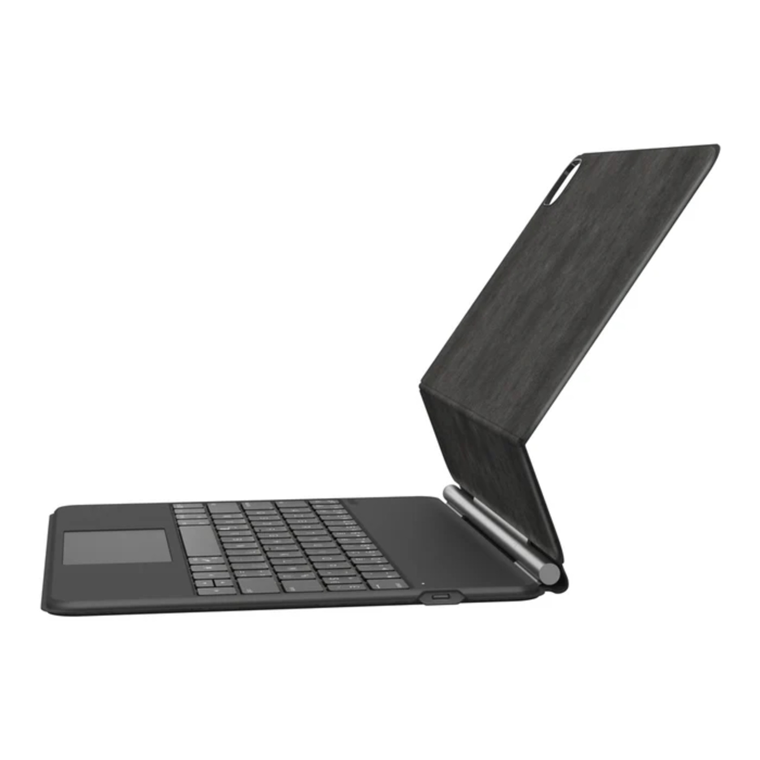A black tablet and keyboard set up in an angled position on a white background.