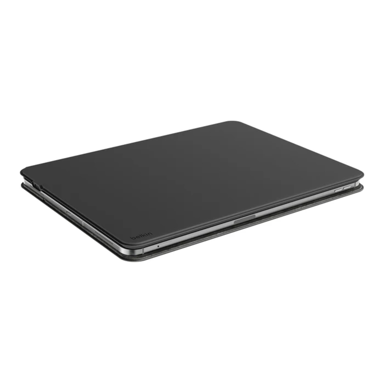 Black tablet case with a keyboard, closed. Display is not visible. Belkin logo.