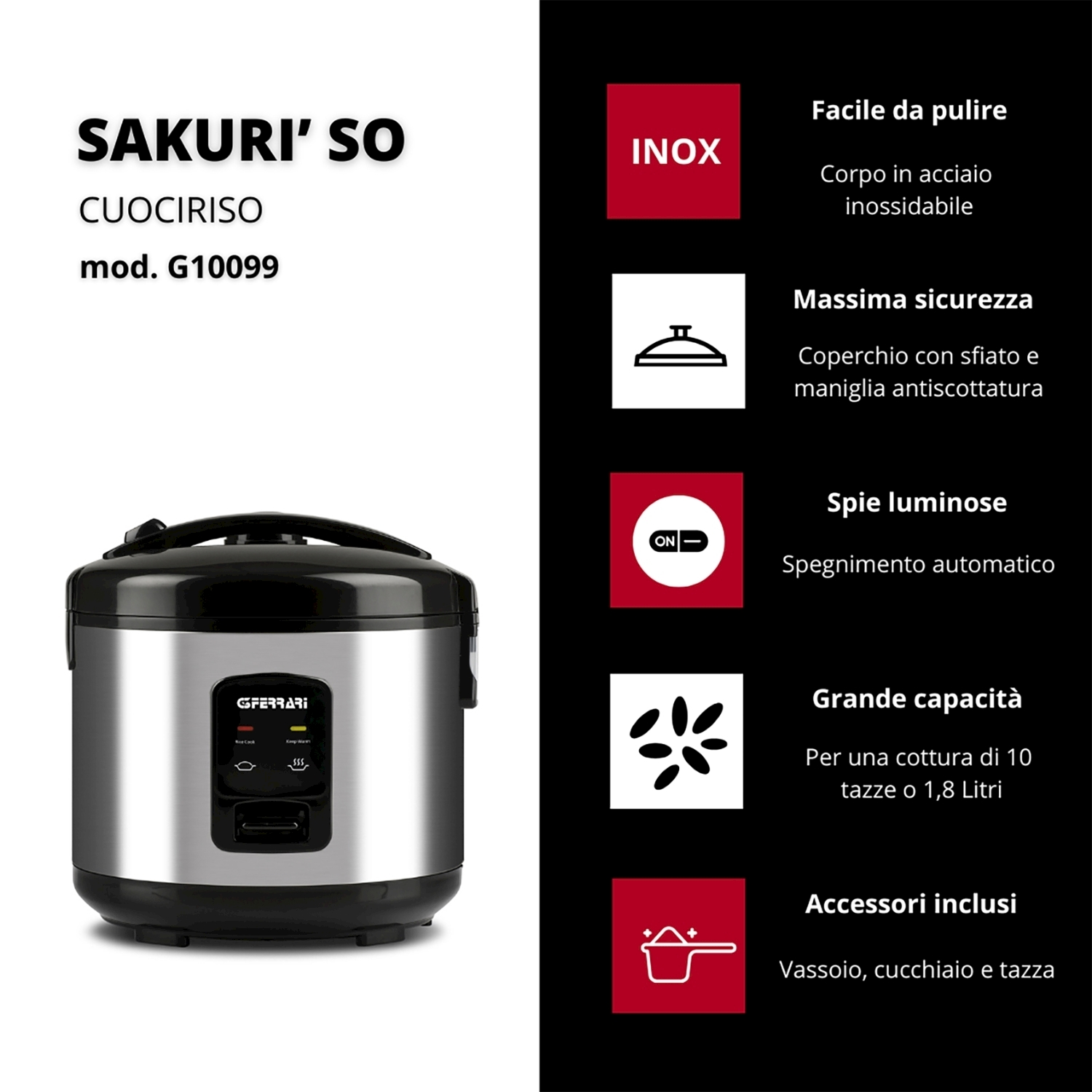 Cuociriso con testo. Ha un coperchio nero e un corpo argentato. Ha le caratteristiche elencate.