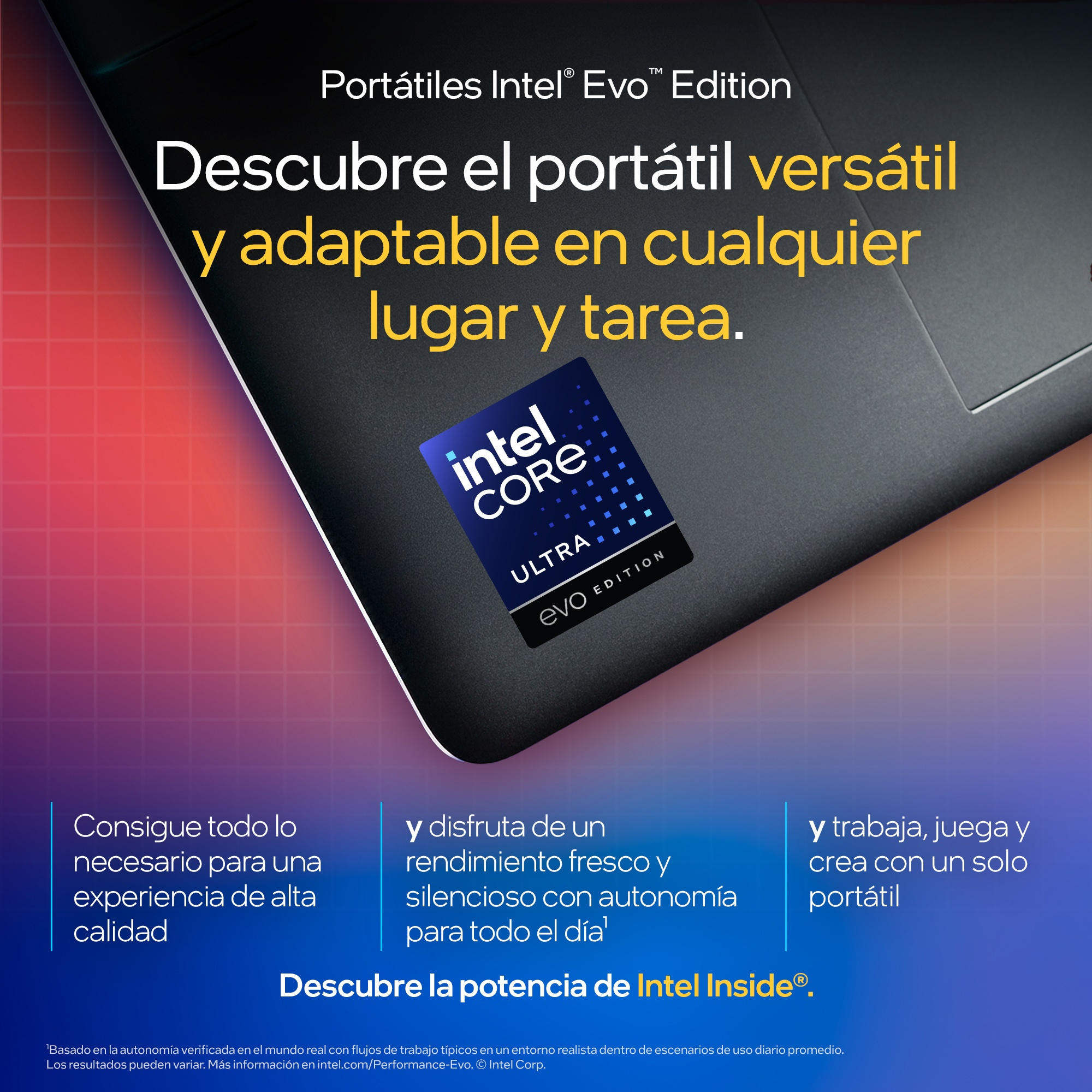 Portátil con pegatina Intel Core. Está sobre una superficie negra.