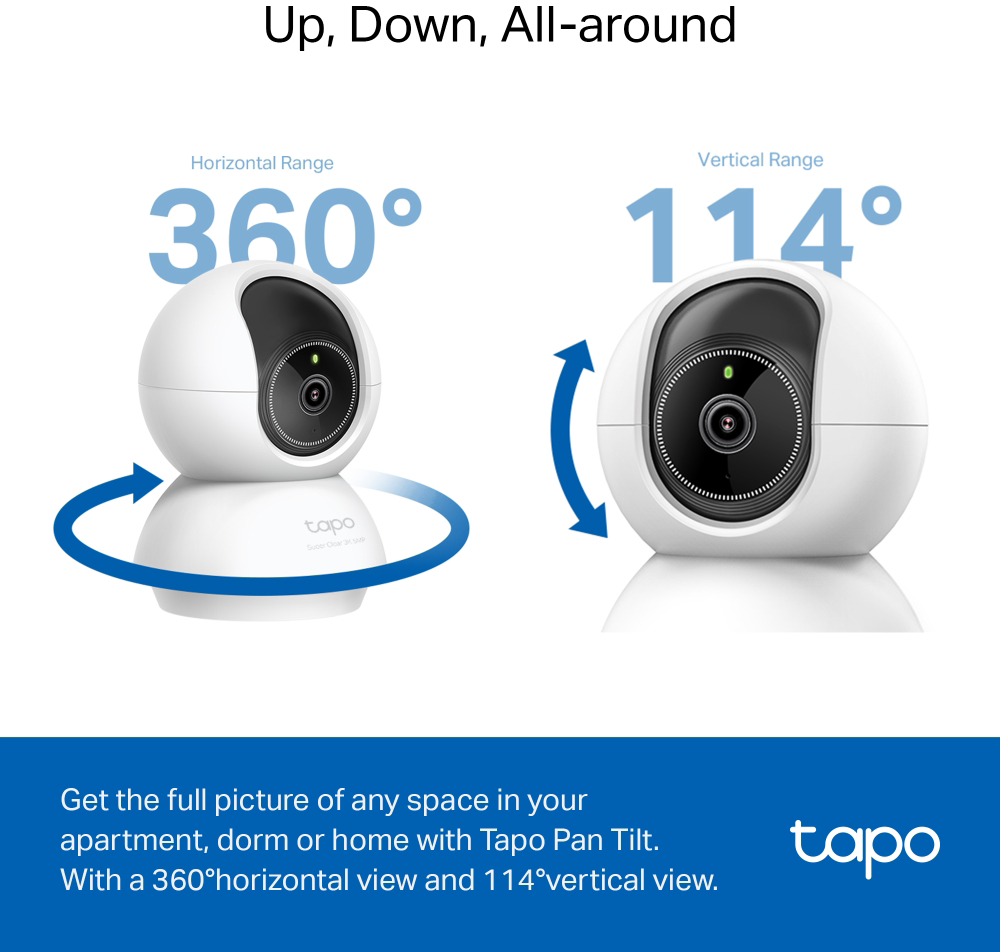 Két fehér Tapo kamera 360° és 114°-os nézetet mutat. Kék nyilak jelzik a forgatási és döntési képességeket. Alatta szöveg a teljes nézetről.