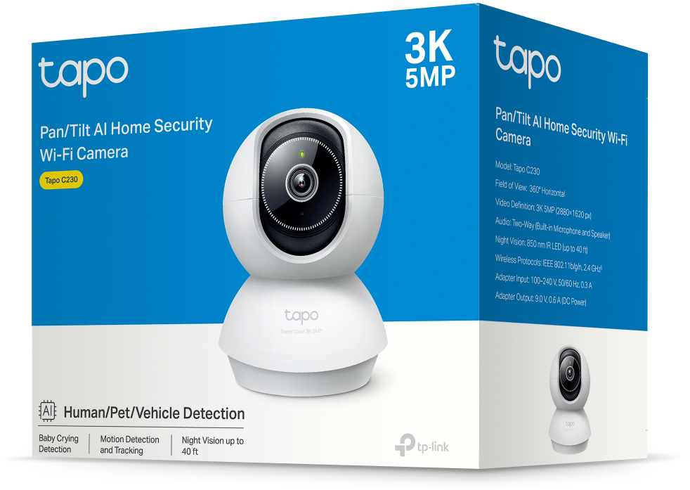 Fehér Tapo Wi-Fi kamera doboz termékadatokkal. Kamera kép elöl. Kék és fehér háttér, 3K 5MP szöveggel.