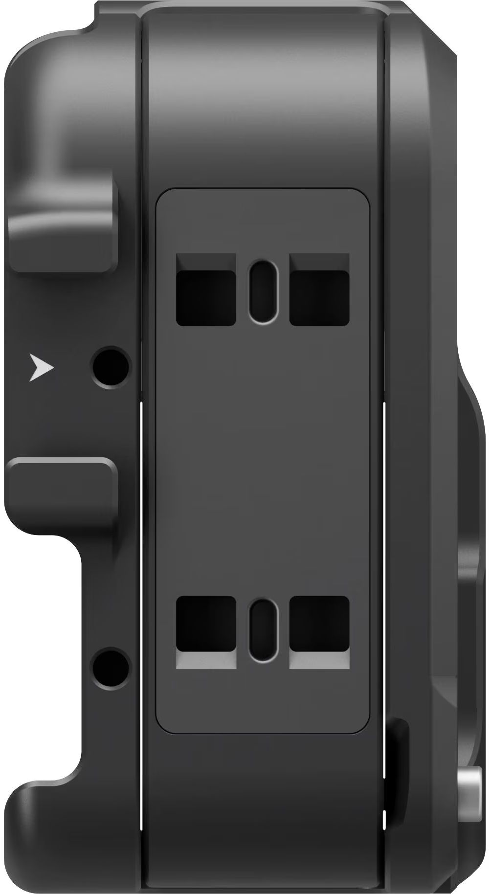 Ein schwarzes, metallisches Gerät hat Schlitze und Knöpfe. Es hat ein rechteckiges Design mit abgerundeten Kanten und einem glänzenden Metalldetail.