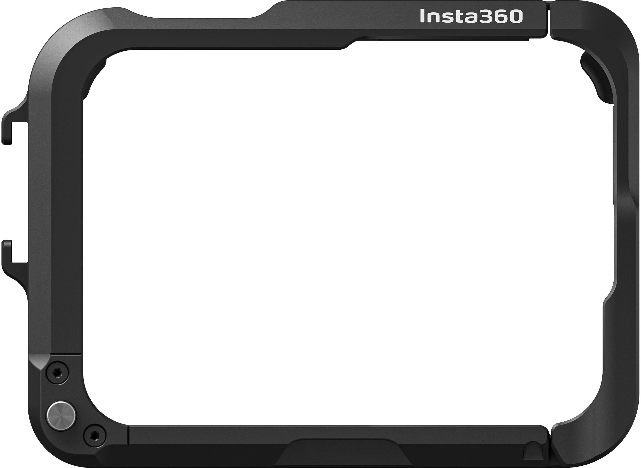 Schwarzer Insta360-Rahmen mit quadratischer Öffnung. Mit Insta360-Logo. Weißer Hintergrund.
