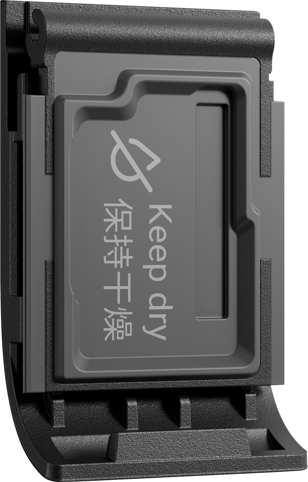 Graues Kunststoffteil mit 'Keep dry' Text. Schwarzer Rahmen umgibt es. Die Form ist rechteckig.