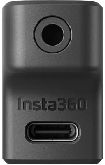 Schwarzer Insta360-Adapter. Verfügt über einen USB-C-Anschluss und eine runde Öffnung.