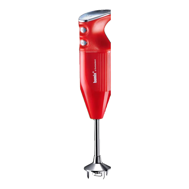 Roter Stabmixer auf schwarzem Hintergrund.