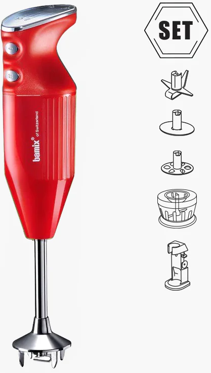 Roter Stabmixer mit gezeigten Komponenten.