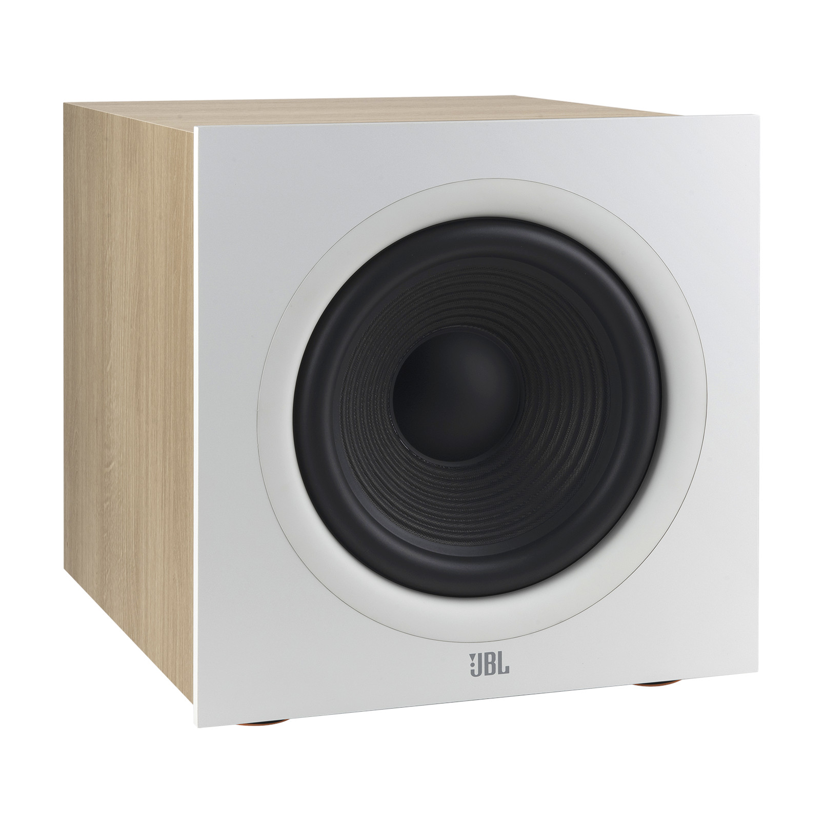 Siyah bir hoparlöre sahip beyaz bir JBL subwoofer.