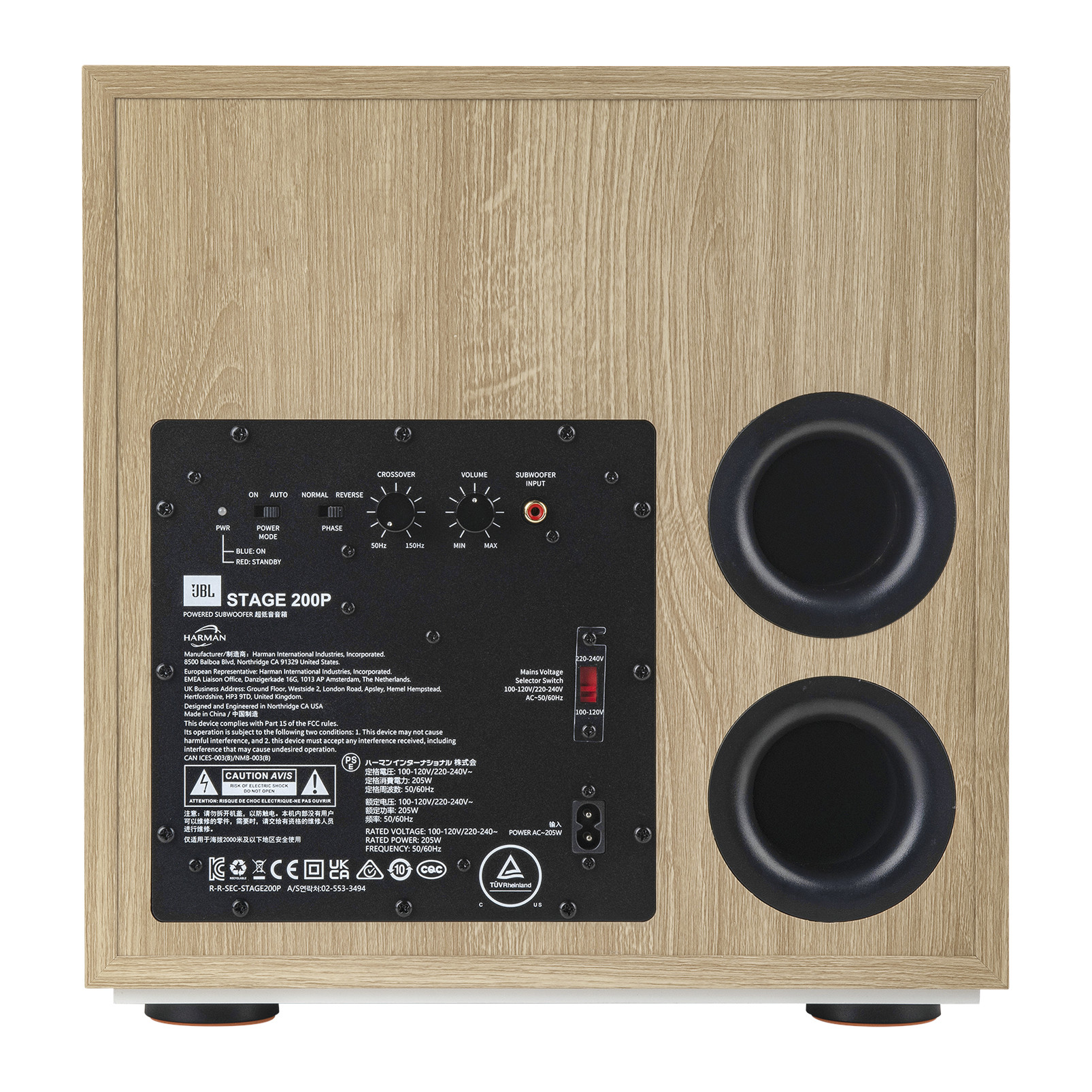 Siyah panel, iki yuvarlak bağlantı noktası ve JBL logosu olan ahşap hoparlör. Siyah ayaklar.