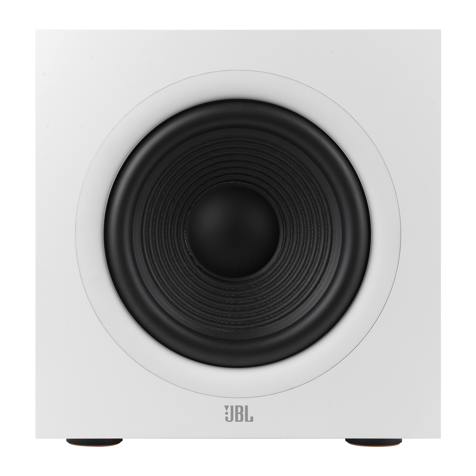Büyük, merkezî siyah bir daireye sahip beyaz hoparlör. Altta JBL logosu, kırmızı ayaklar.