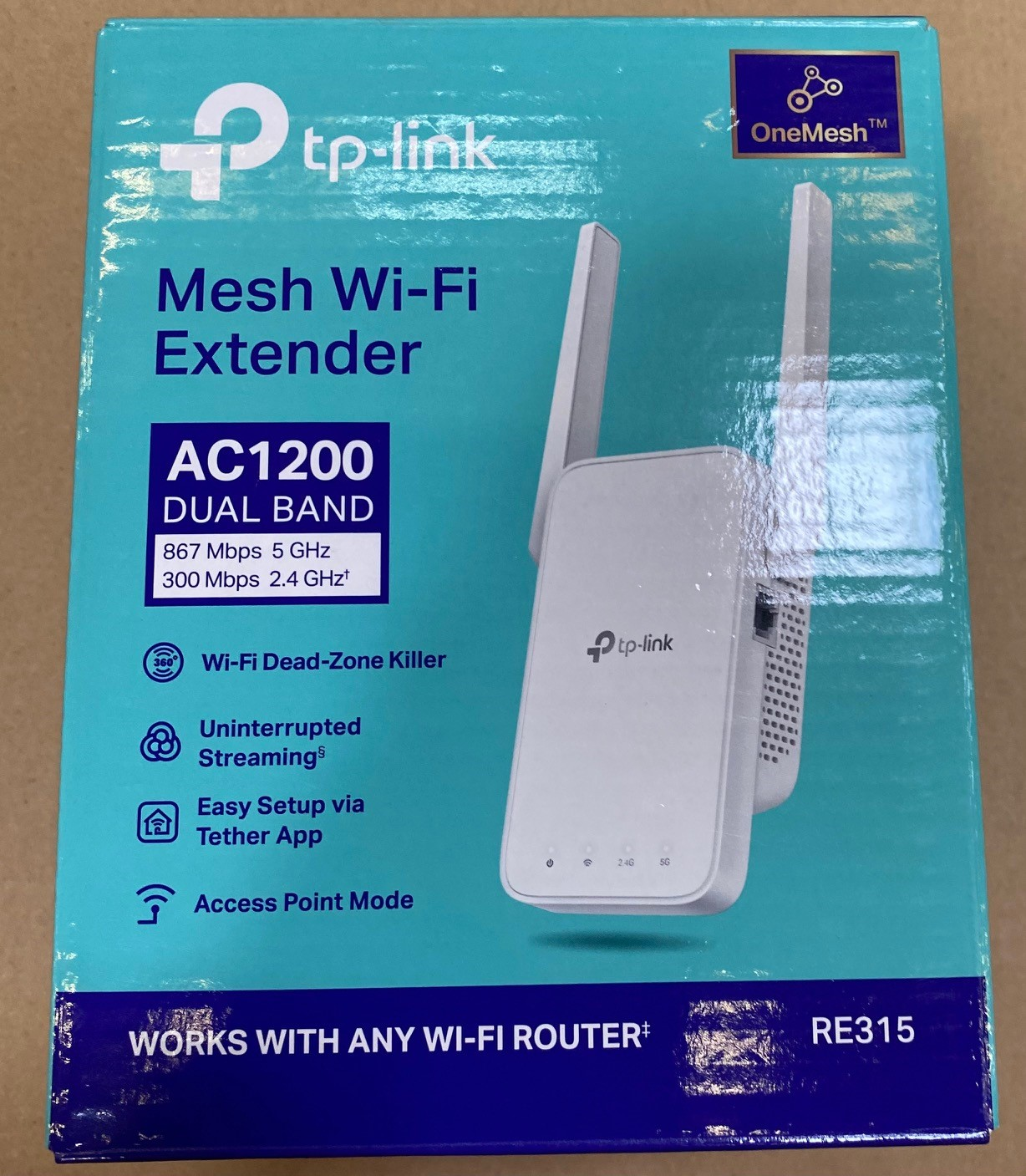 Pudełko wzmacniacza Wi-Fi Mesh TP-Link. Widoczny obraz urządzenia, tekst i specyfikacje.