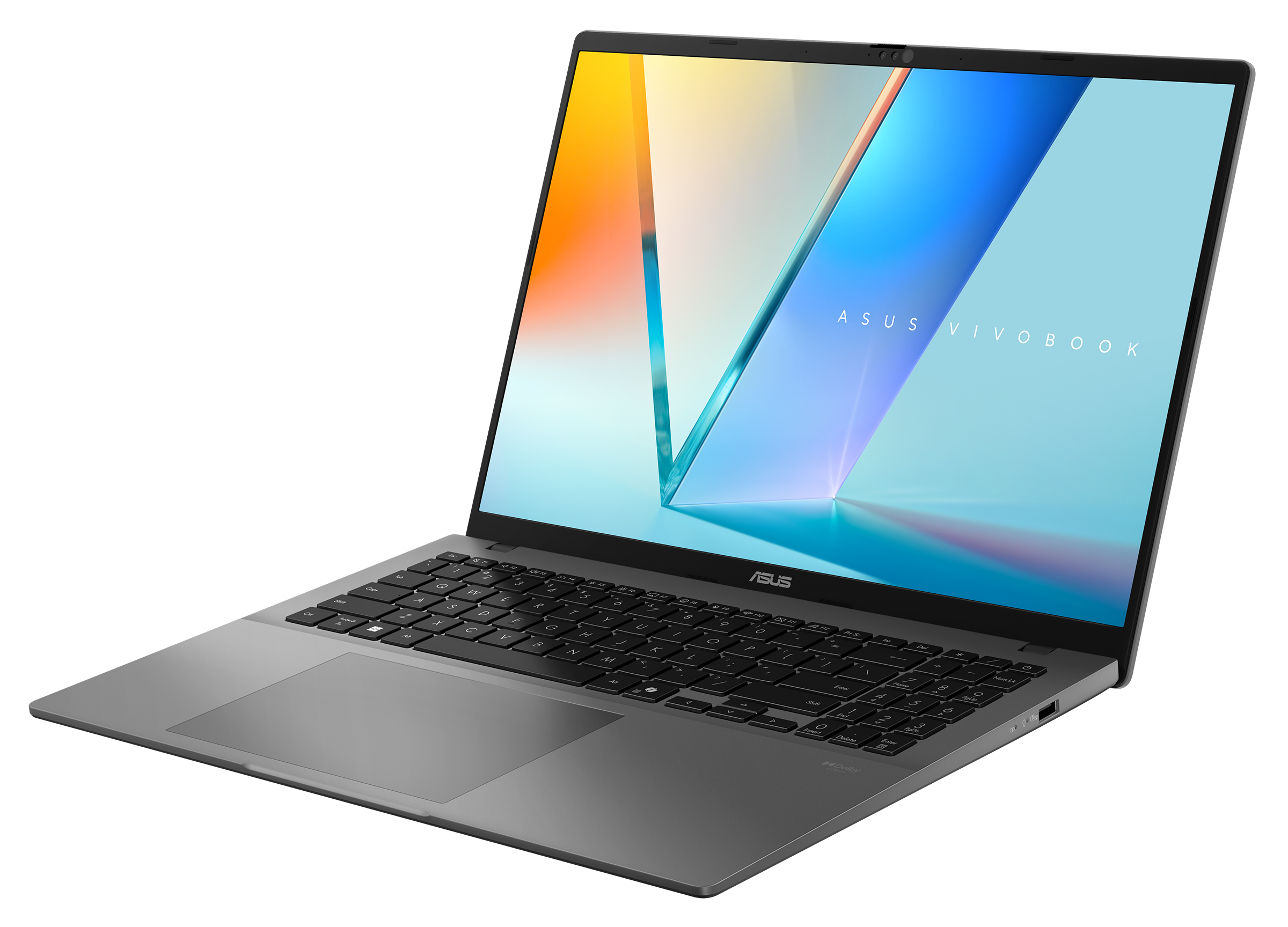 Szary laptop, otwarty. Ekran pokazuje abstrakcyjny niebiesko-żółty obraz. Ciemne tło.