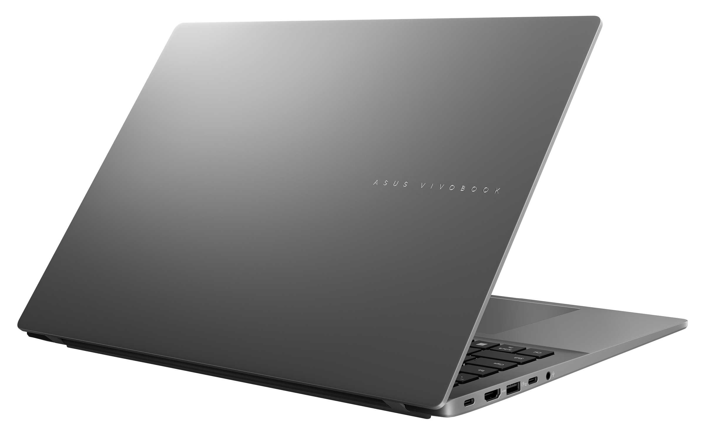 Widok z tyłu szarego laptopa z logo ASUS Vivobook. Ciemne tło.