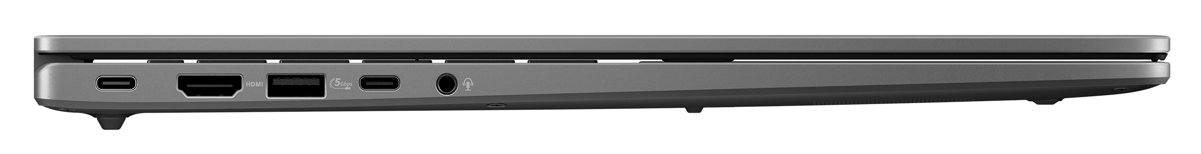 Widok z boku laptopa. Pokazuje porty USB-C, HDMI, USB, gniazdo słuchawkowe i małe wejście zasilania.