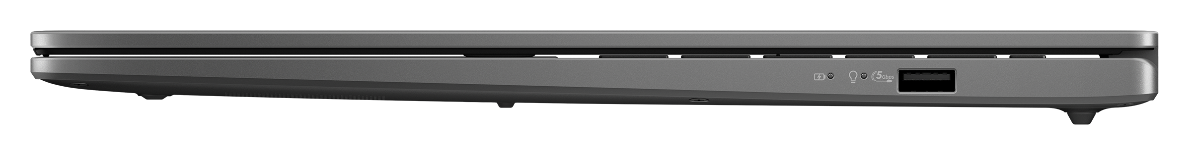 Widok z boku laptopa. Pokazuje porty USB, USB-C i słuchawkowe. Kolor jest szary.