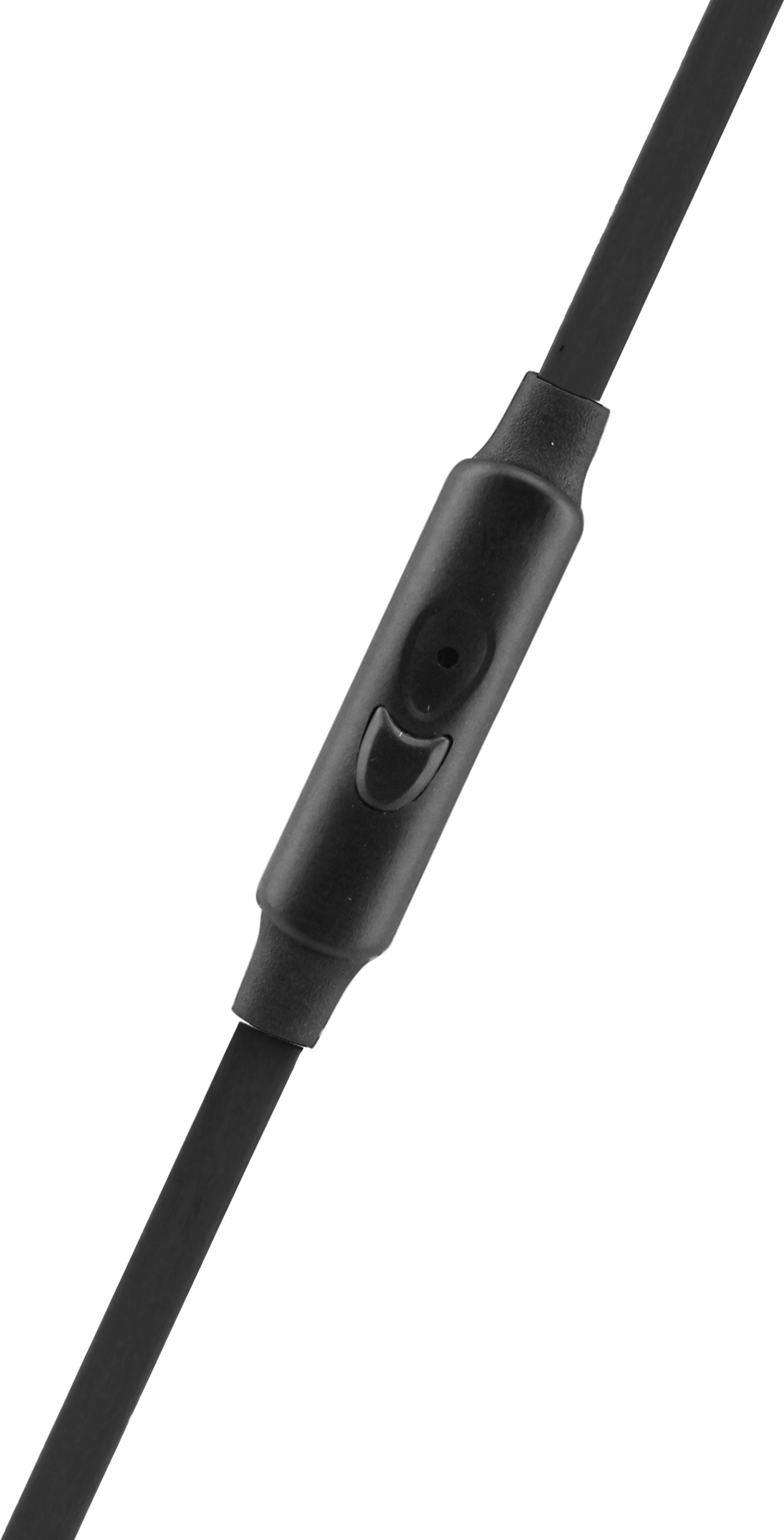 Gros plan de la télécommande en ligne noire sur un câble noir. La télécommande a un bouton.