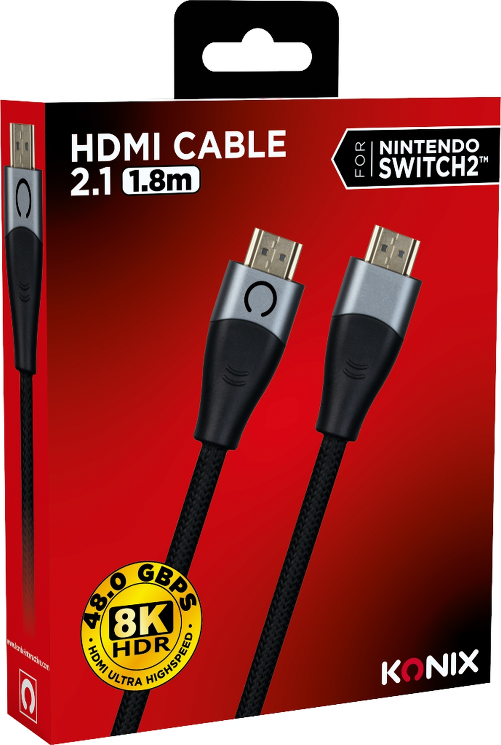 Scatola del cavo HDMI. Cavo nero con connettori dorati. Testo: Cavo HDMI 2.1, 1,8 m. Per Nintendo Switch 2.