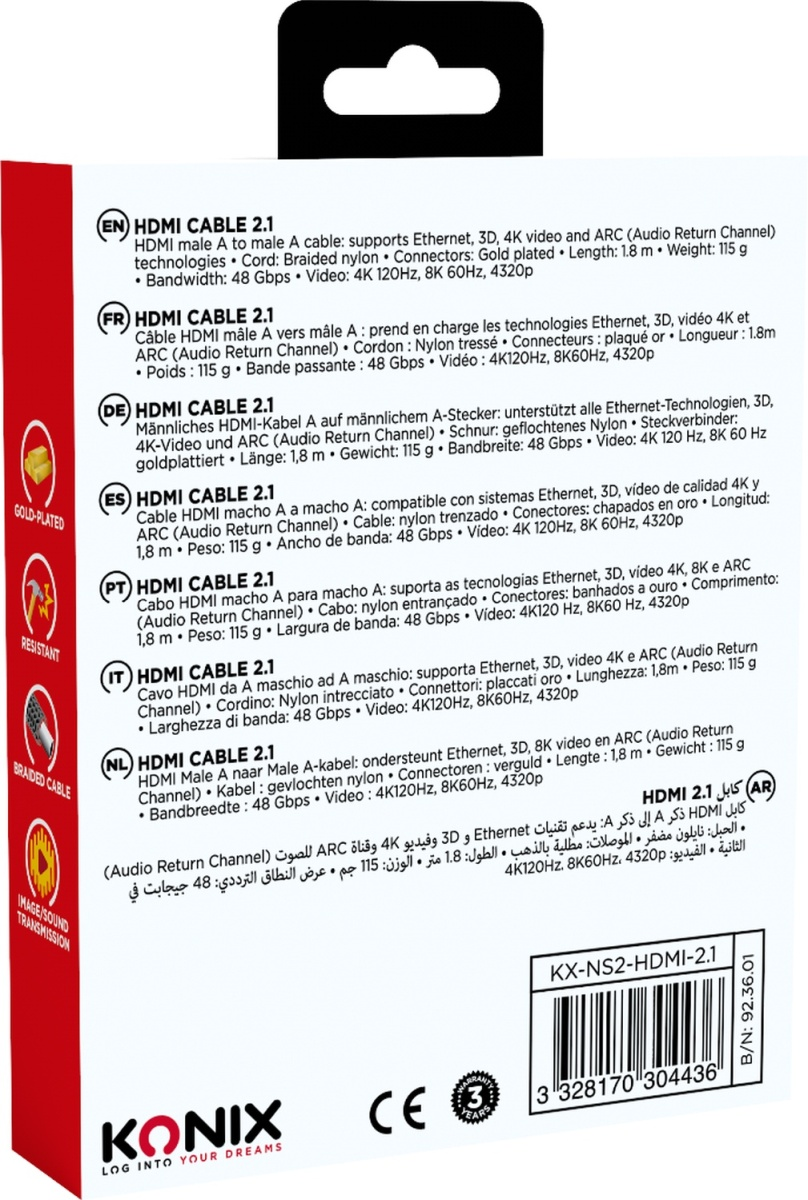 Retro di una scatola di cavi HDMI. Testo in più lingue, comprese specifiche e funzionalità.