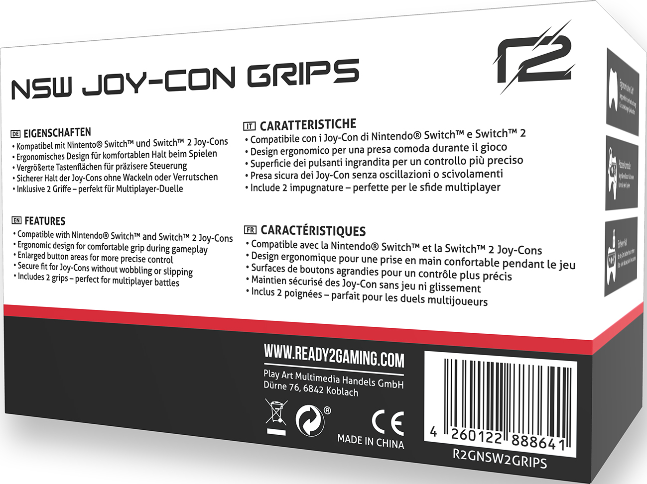 Scatola di impugnature NSW Joy-Con. Testo: Compatibile con Nintendo Switch e Switch 2. Scatola bianca e nera.
