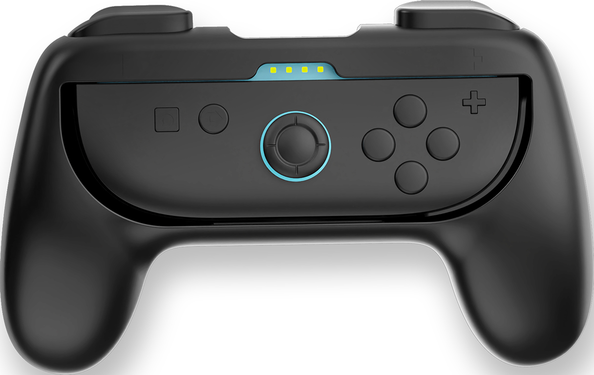 Controller Nintendo Switch nero con pulsanti e joystick. Luci blu e gialle in alto.
