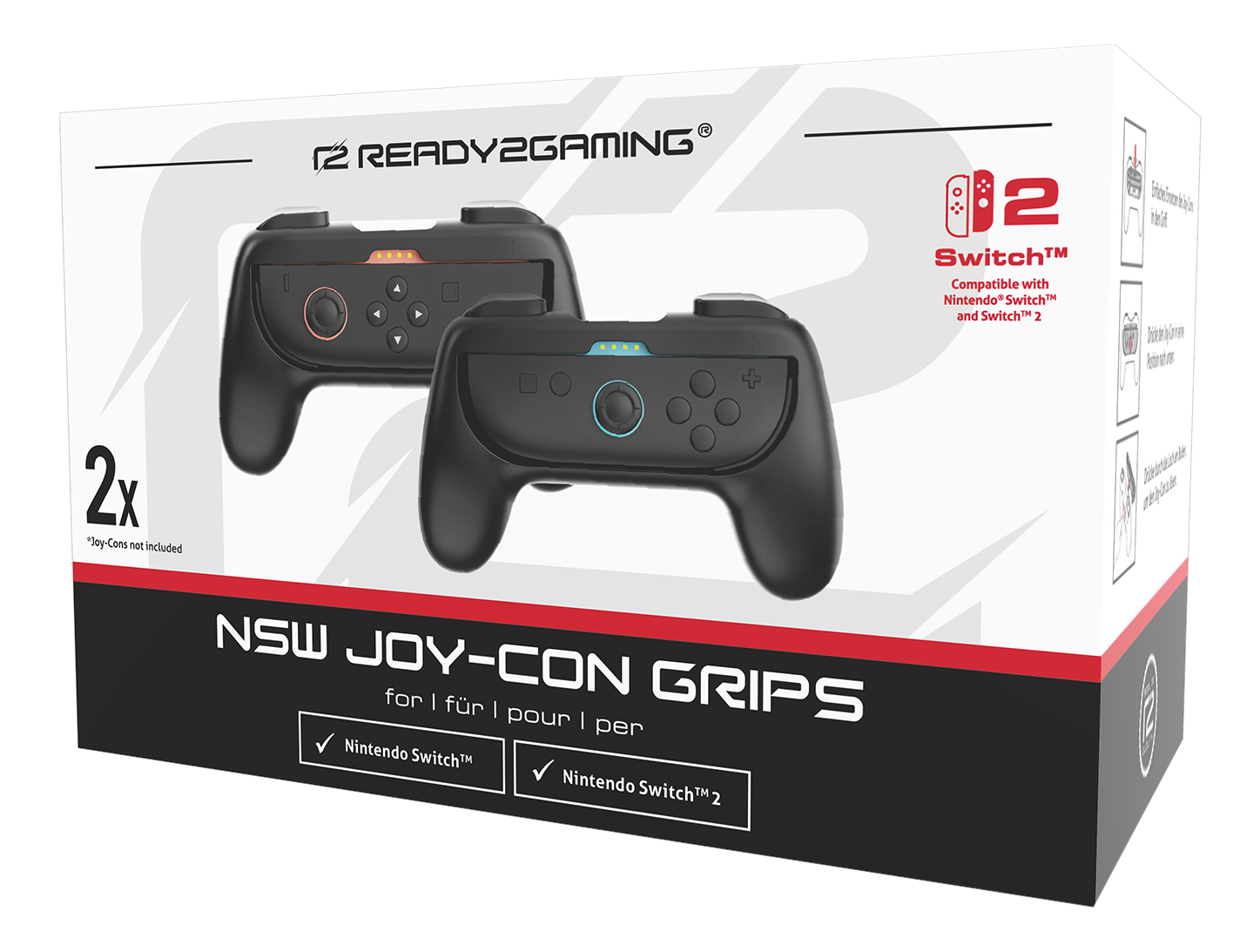 Scatola con due controller Nintendo Switch neri. Testo: Impugnature NSW Joy-Con.