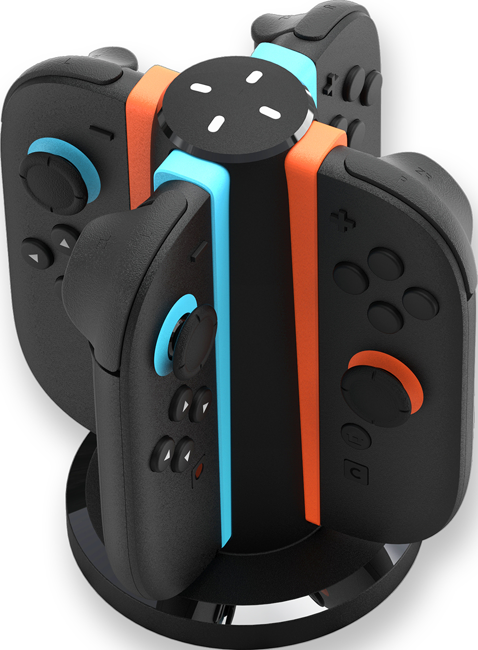 Stazione di ricarica per controller Nintendo Switch. Ha più controller collegati in blu e arancione.