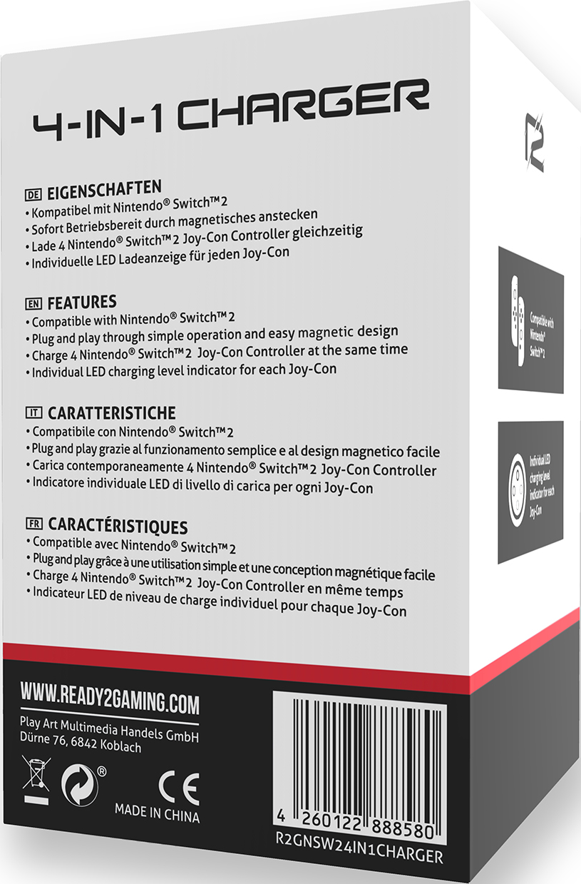Retro di una scatola del caricatore 4 in 1 per controller Nintendo Switch. Testo in più lingue.
