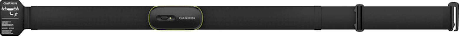 Sangle noire de moniteur de fréquence cardiaque avec capteur noir, contour jaune, et logo Garmin.