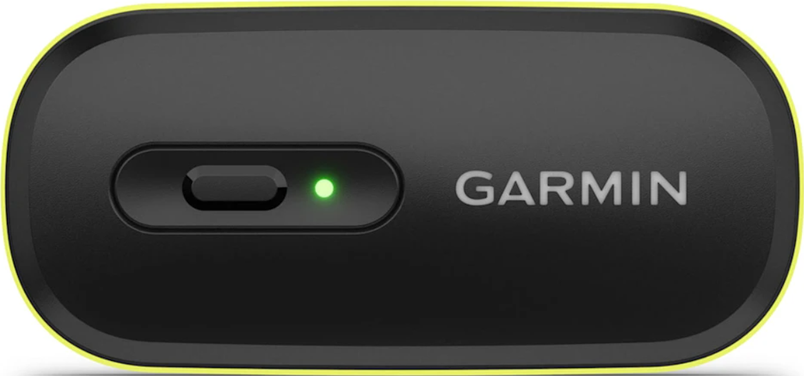 Schwarzes Garmin-Gerät mit gelbem Rand. Es hat einen Knopf, ein grünes Licht und den Markennamen.